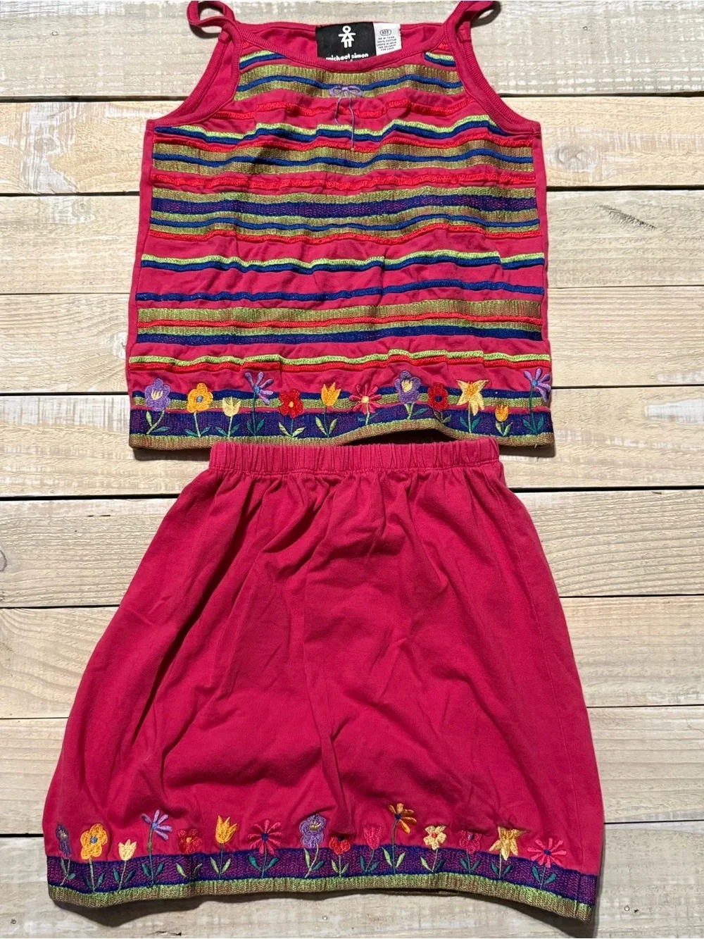 Vintage Michael Simon Girls Sz 10 Pink Floral Embroidered Tank Skirt Outfit Set